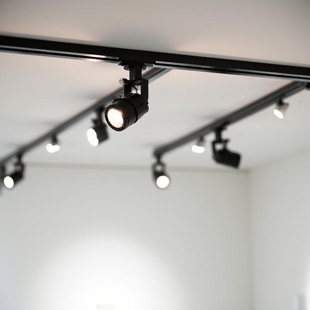 Detalle del sistema de carriles de iluminación profesional en el techo de la galería.