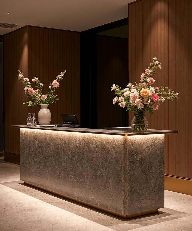 Recepción de un hotel boutique con un mostrador de diseño único y detalles en latón.