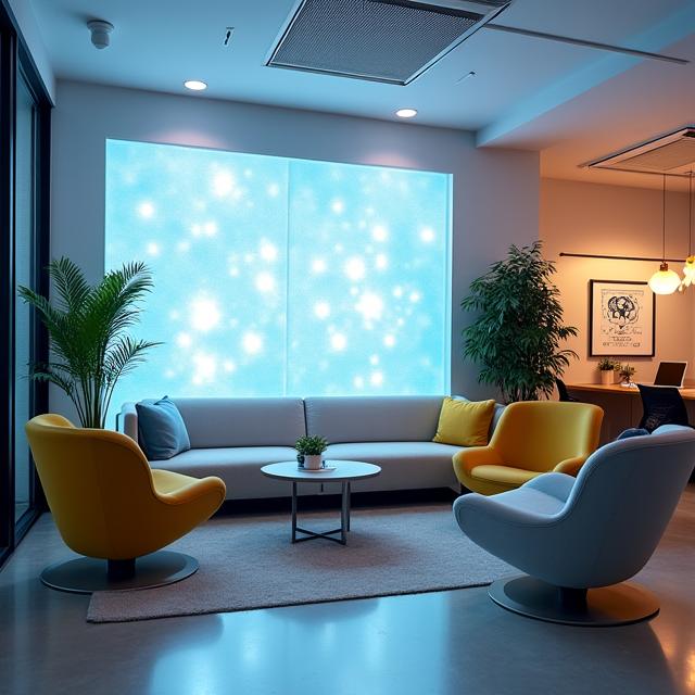 Zona de descanso en una oficina moderna con una instalación artística de luz en la pared.