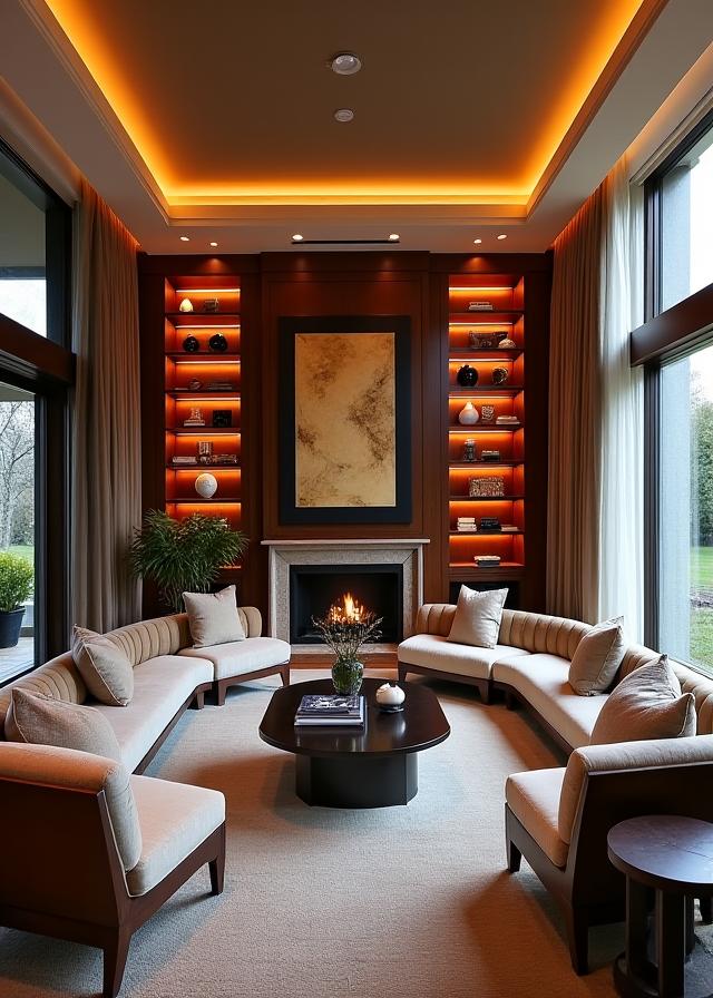Salón de una residencia de lujo con iluminación a medida y mobiliario de diseño.