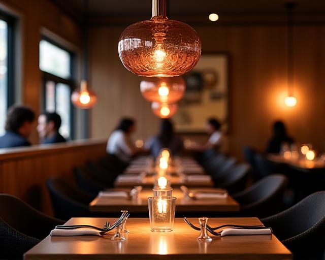Interior de un restaurante con lámparas colgantes de cobre personalizadas.