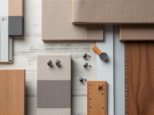 Moodboard de materiales con textiles, maderas y metales para un proyecto de interiorismo.