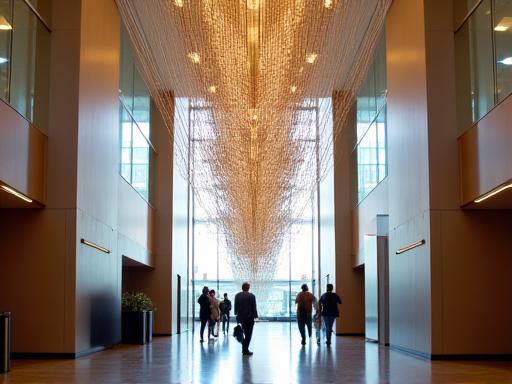 Instalación de arte cinético colgando en el lobby de un hotel.