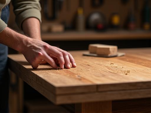 Un artesano dando el acabado final a una mesa de madera maciza en el taller.